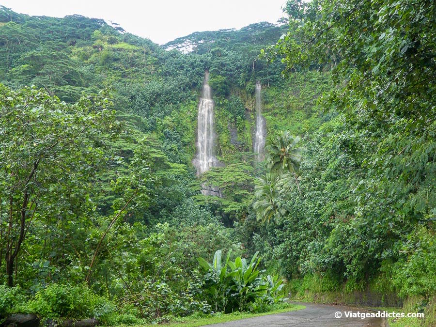 Cascades d'aigua sobre la carretera cap a Taioha'e (Nuku Hiva, illes Marqueses)